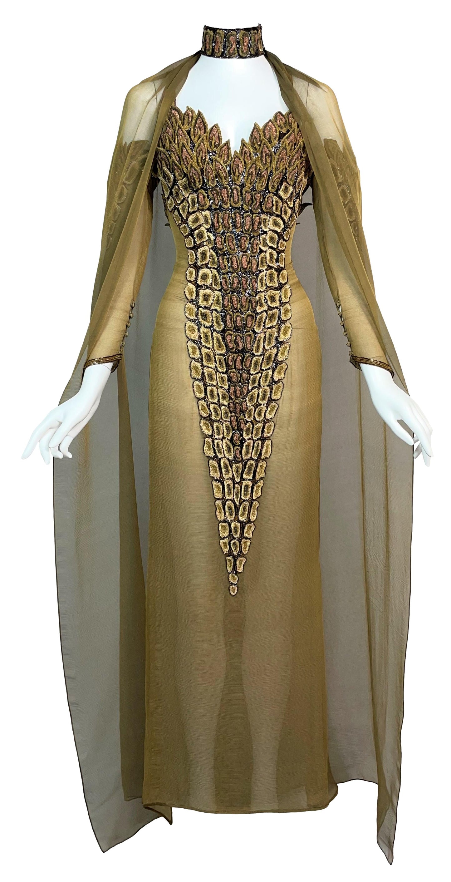 2003 Lloyd Klein Haute Couture Sheer Nude Silk Lesage Beaded Crocodile High Slits Dress w Choker & Cape