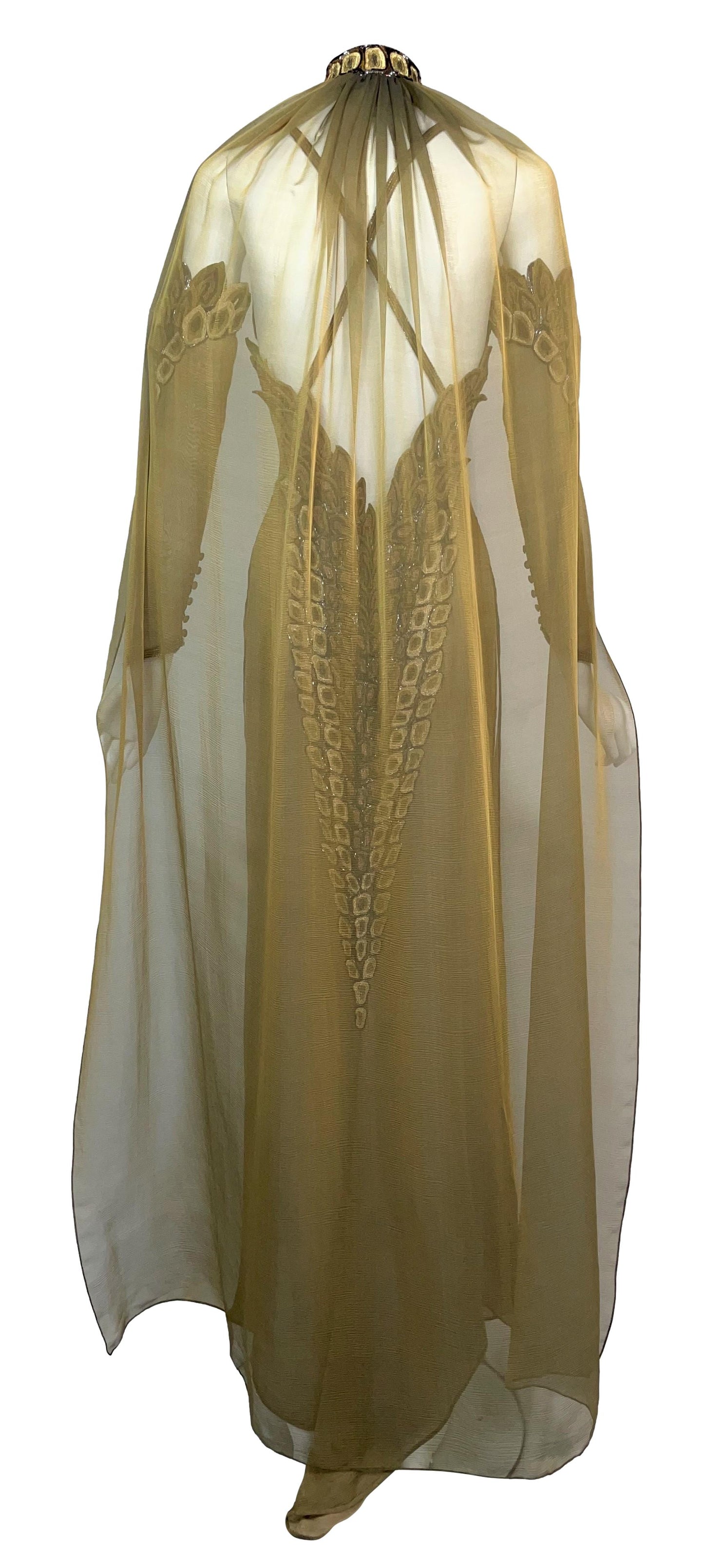 2003 Lloyd Klein Haute Couture Sheer Nude Silk Lesage Beaded Crocodile High Slits Dress w Choker & Cape