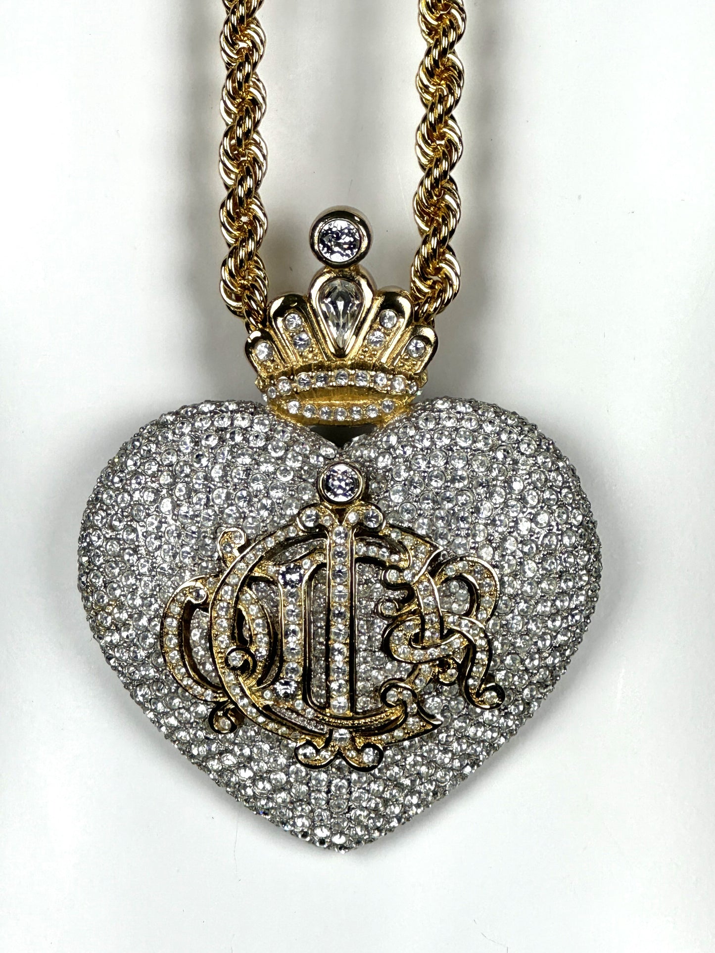 F/W 1992 Christian Dior by Gianfranco Ferre Runway Large Gold Crystal Heart and Chunky Gold Chain Necklace