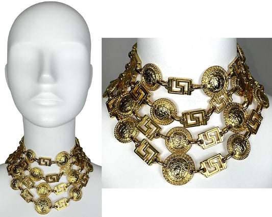 F/W 1992 Gianni Versace Runway Huge Gold Layered Medusa Logo Chain Choker Necklace