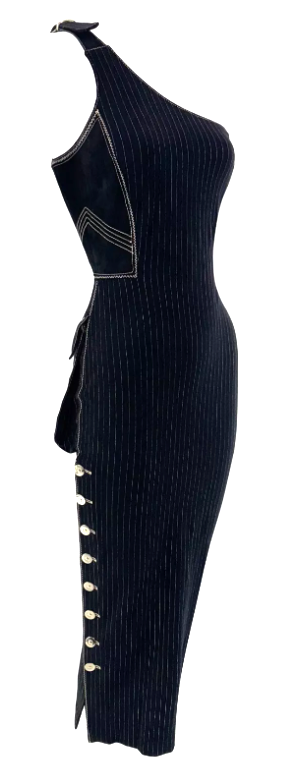 F/W 1992 Jean Paul Gaultier Runway Large Butt Pockets One Shoulder Maxi Dress