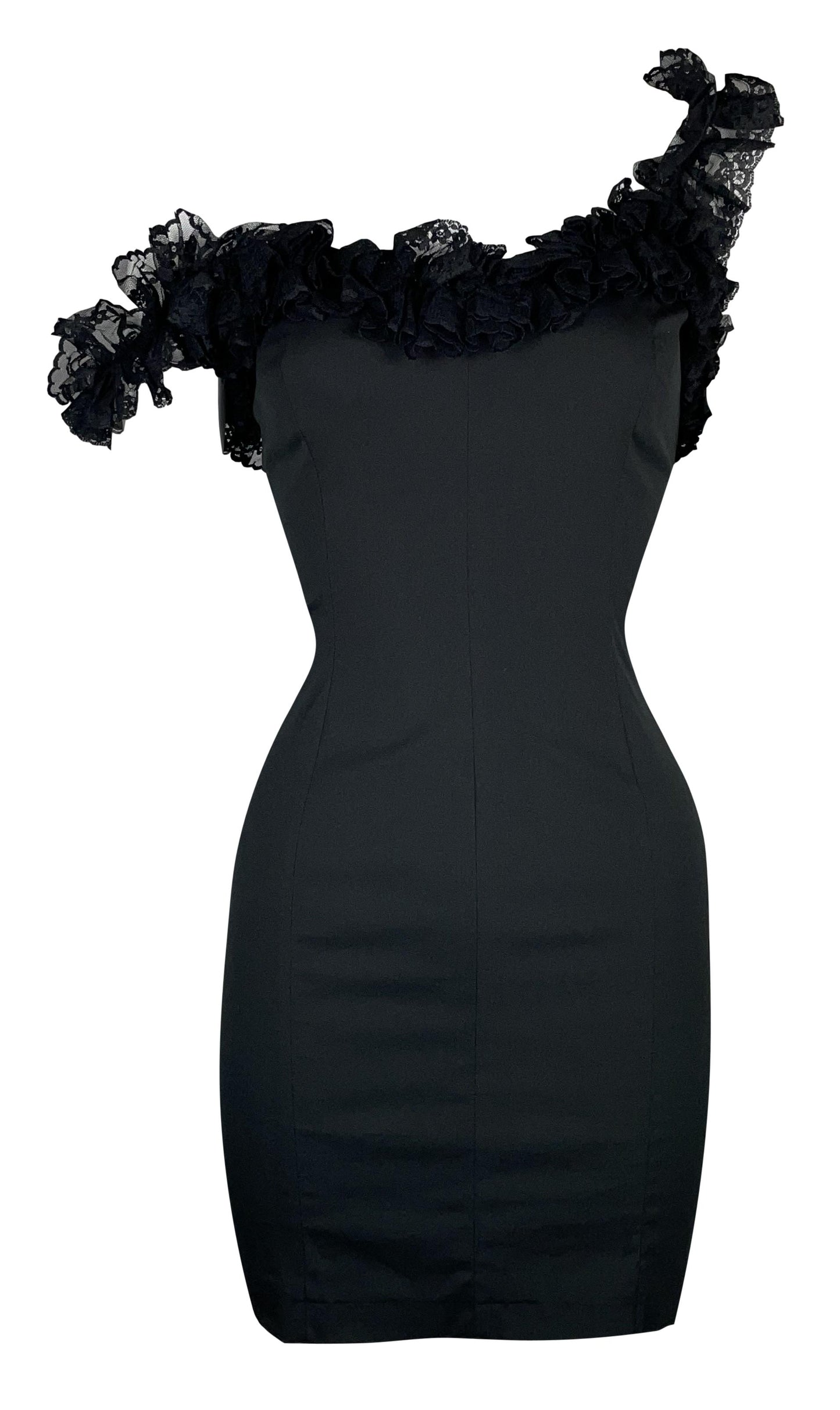 S/S 1992 Dolce & Gabbana Pin-Up Black Lace Off Shoulder Wiggle Mini Dress