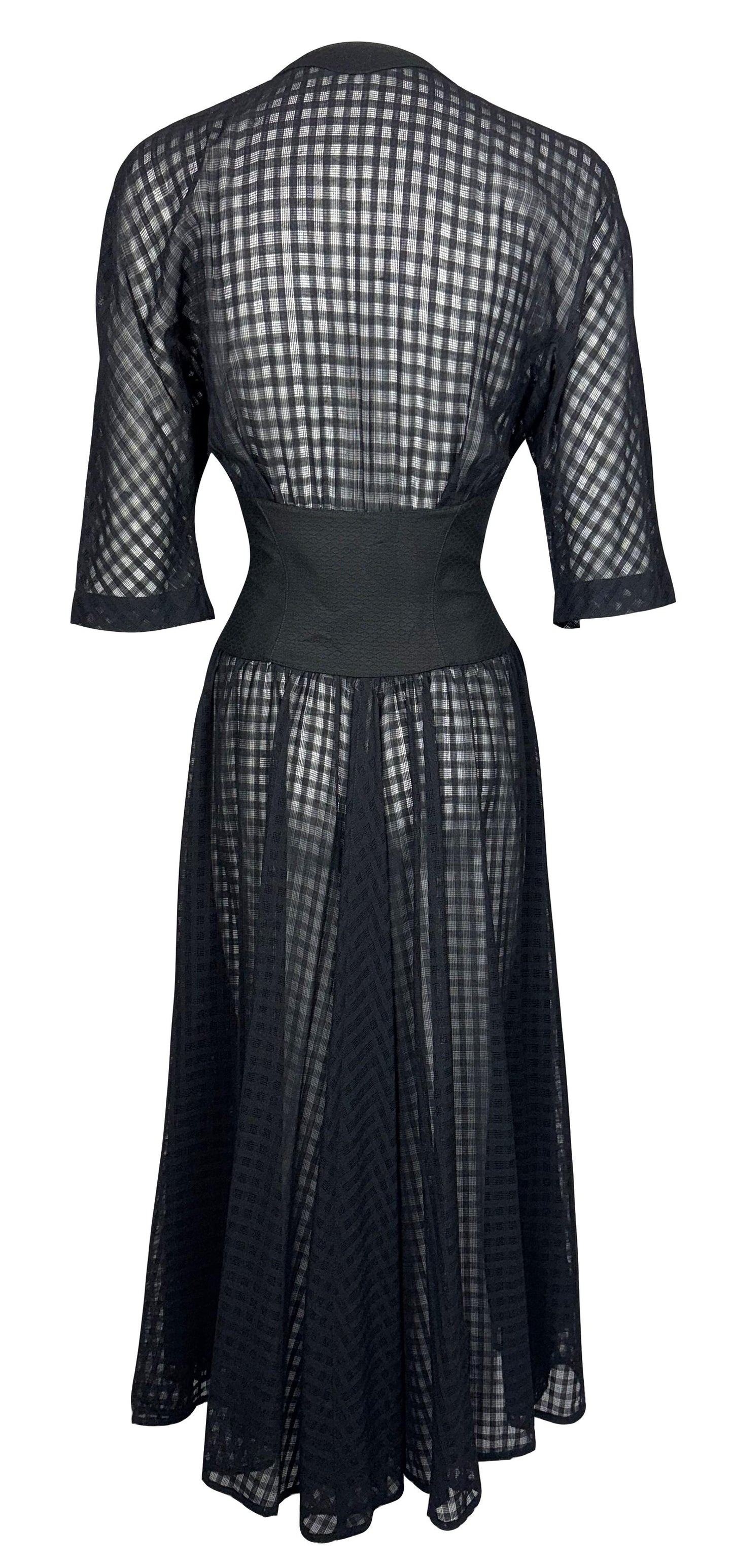 S/S 1992 Thierry Mugler 1950's Pin-Up Style Sheer Black Gingham Wasp Waist Dress