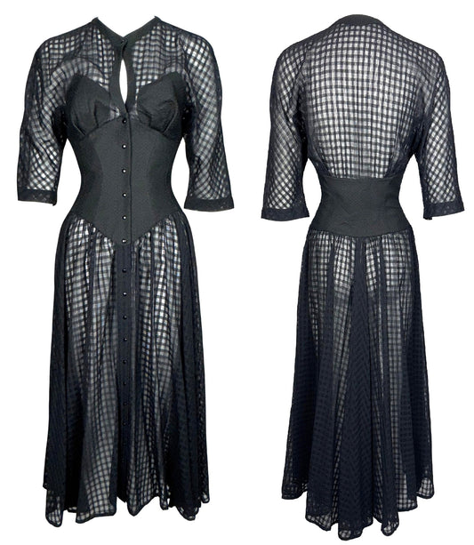 S/S 1992 Thierry Mugler 1950's Pin-Up Style Sheer Black Gingham Wasp Waist Dress