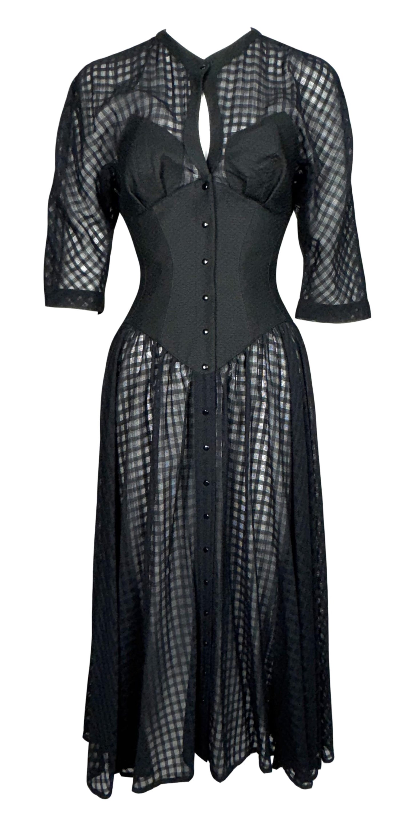 S/S 1992 Thierry Mugler 1950's Pin-Up Style Sheer Black Gingham Wasp Waist Dress