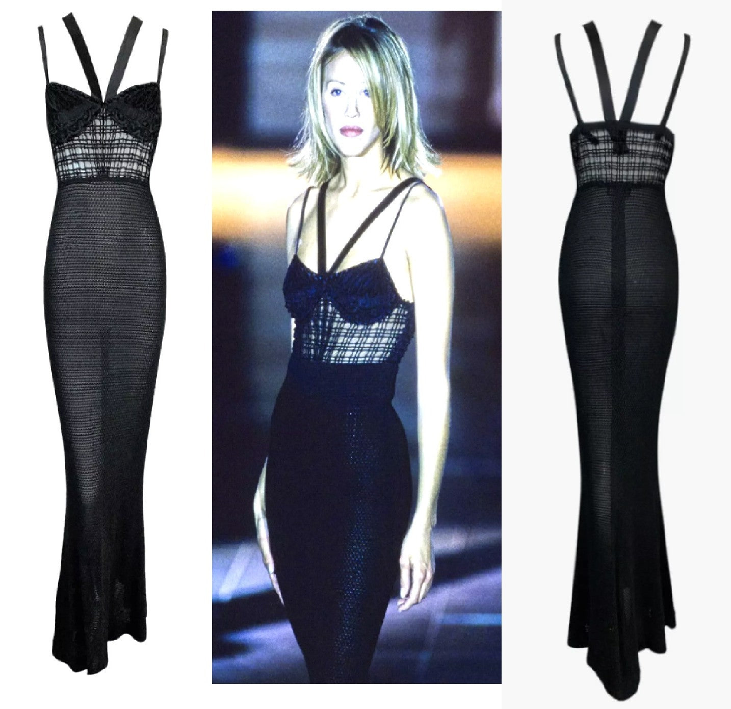 F/W 1993 Gianni Versace Runway Bondage Sheer Black Knit Mesh Lace Gown Dress