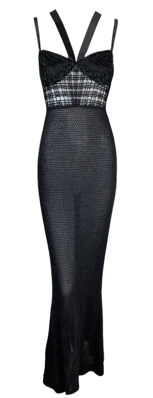 F/W 1993 Gianni Versace Runway Bondage Sheer Black Knit Mesh Lace Gown Dress