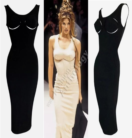 S/S 1993 Jean Paul Gaultier Black Pin-Up Cut-Out 3-D Cone Wiggle Maxi Dress