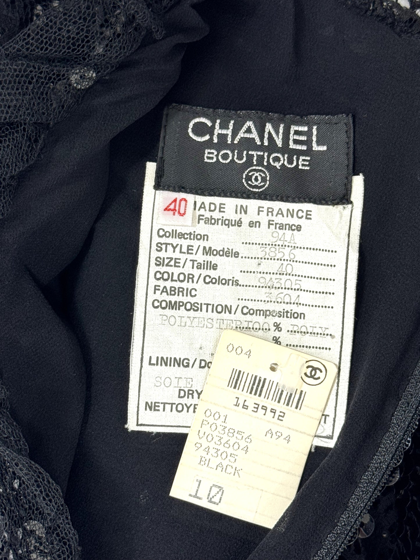 F/W 1994 NWT Chanel x Karl Lagerfeld Schoolgirl Goth Wednesday Adams Black Sequin & Lace Peter Pan Collar L/S LBD Mini Dress