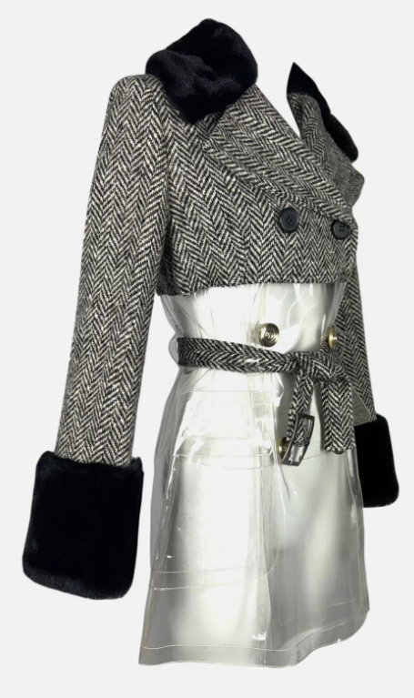 ge F/W 1994 Dolce & Gabbana Runway 60's MOD Style Tweed Plastic Faux Fur Jacket