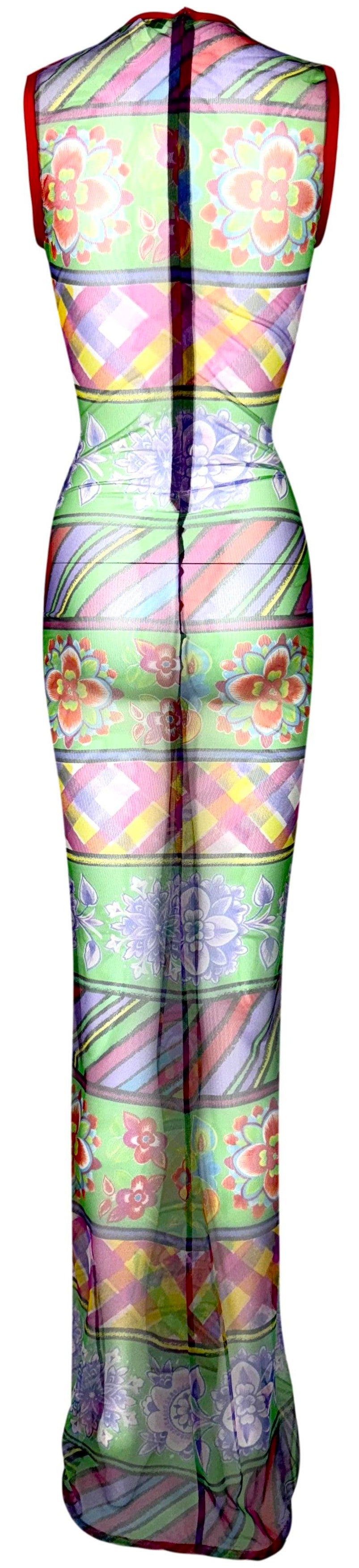 S/S 1994 Gianni Versace Instante Sheer Colorful Mesh Extra Long Maxi Tank Dress