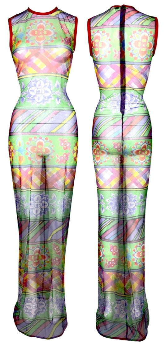 S/S 1994 Gianni Versace Instante Sheer Colorful Mesh Extra Long Maxi Tank Dress