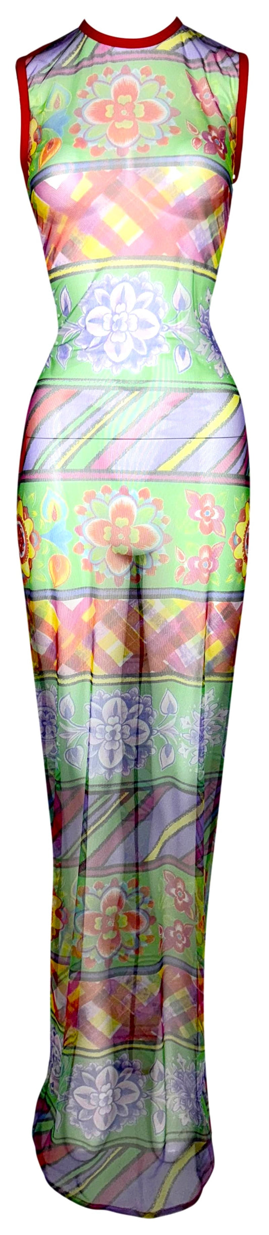 S/S 1994 Gianni Versace Instante Sheer Colorful Mesh Extra Long Maxi Tank Dress