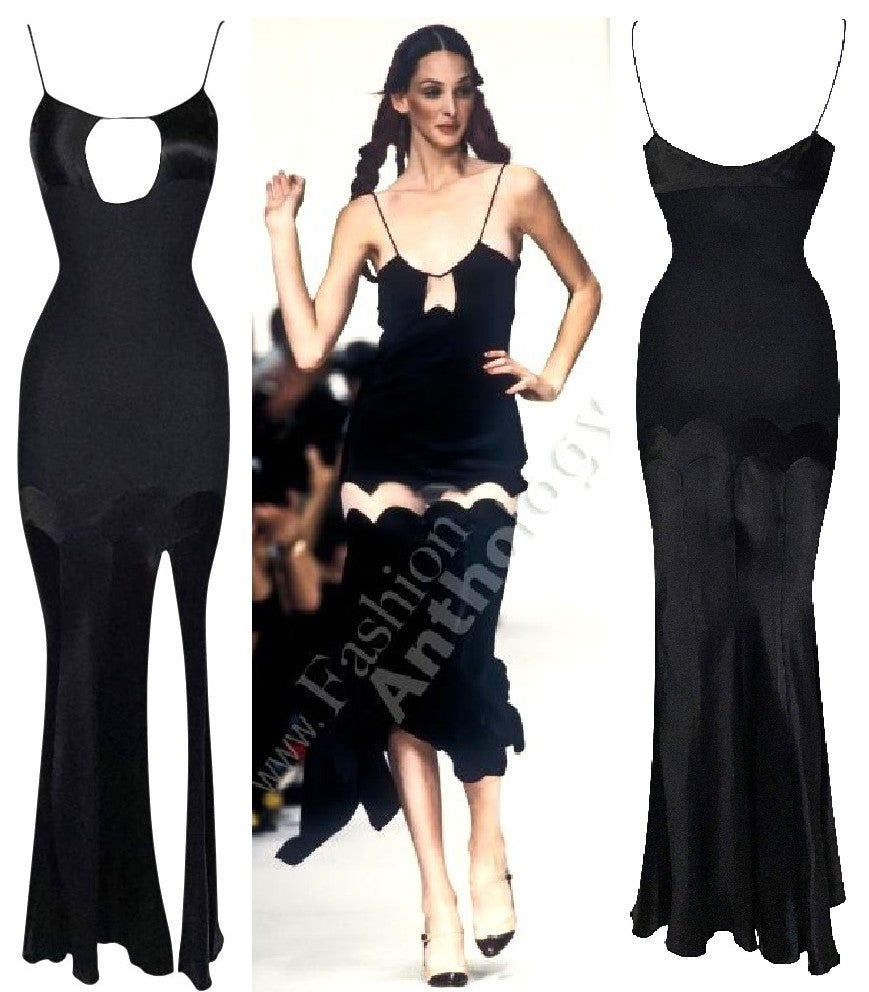S/S 1994 John Galliano Black Plunging Chest Cut-Out High Slit Maxi Slip Dress