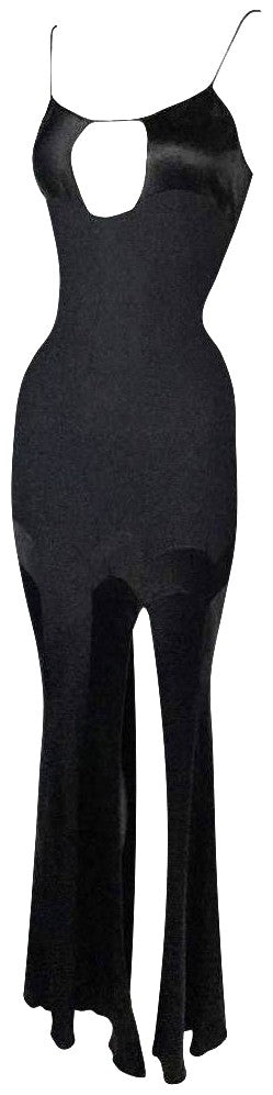 S/S 1994 John Galliano Black Plunging Chest Cut-Out High Slit Maxi Slip Dress