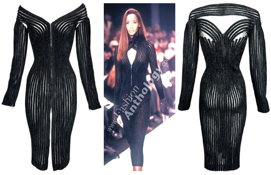 F/W 1995 Gianfranco Ferre Runway Sexy Sheer Black Off Shoulder Pin-Up Diva Bodycon Dress