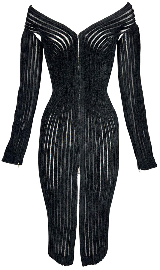 F/W 1995 Gianfranco Ferre Runway Sexy Sheer Black Off Shoulder Pin-Up Diva Bodycon Dress