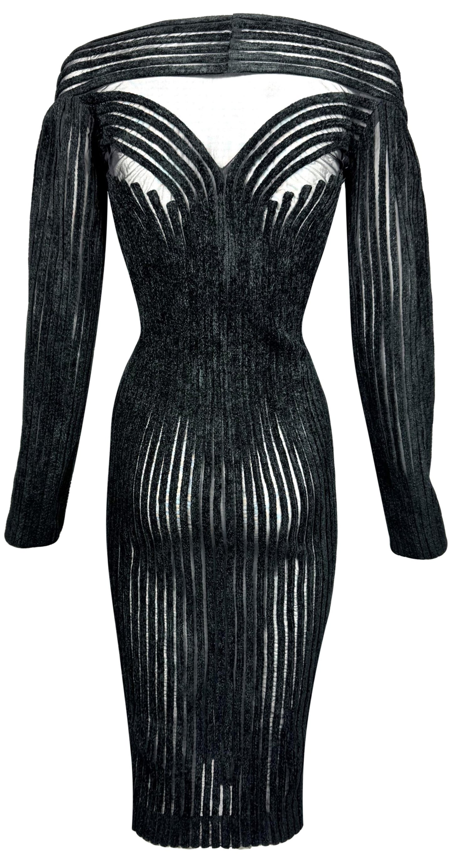 F/W 1995 Gianfranco Ferre Runway Sexy Sheer Black Off Shoulder Pin-Up Diva Bodycon Dress