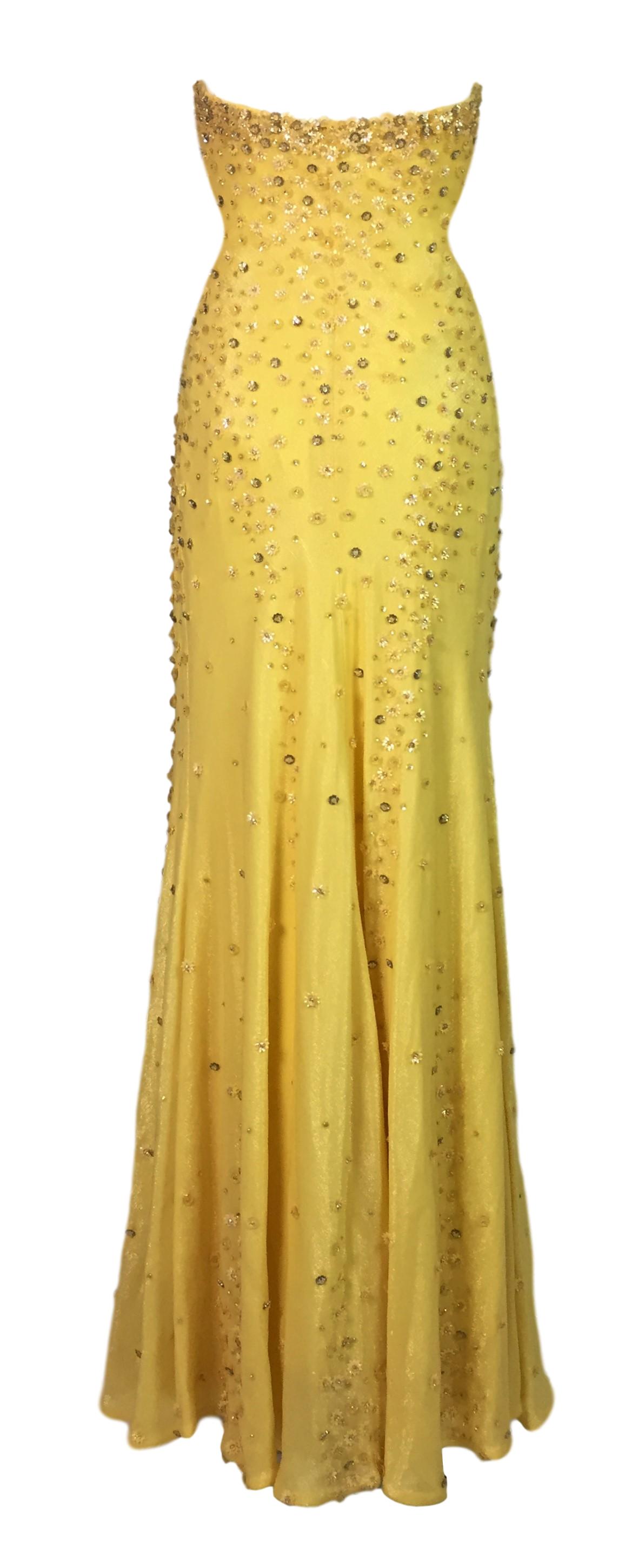F/W 1995 Documented Gianni Versace Runway Yellow Beaded Strapless Embellished Mermaid Gown Dress