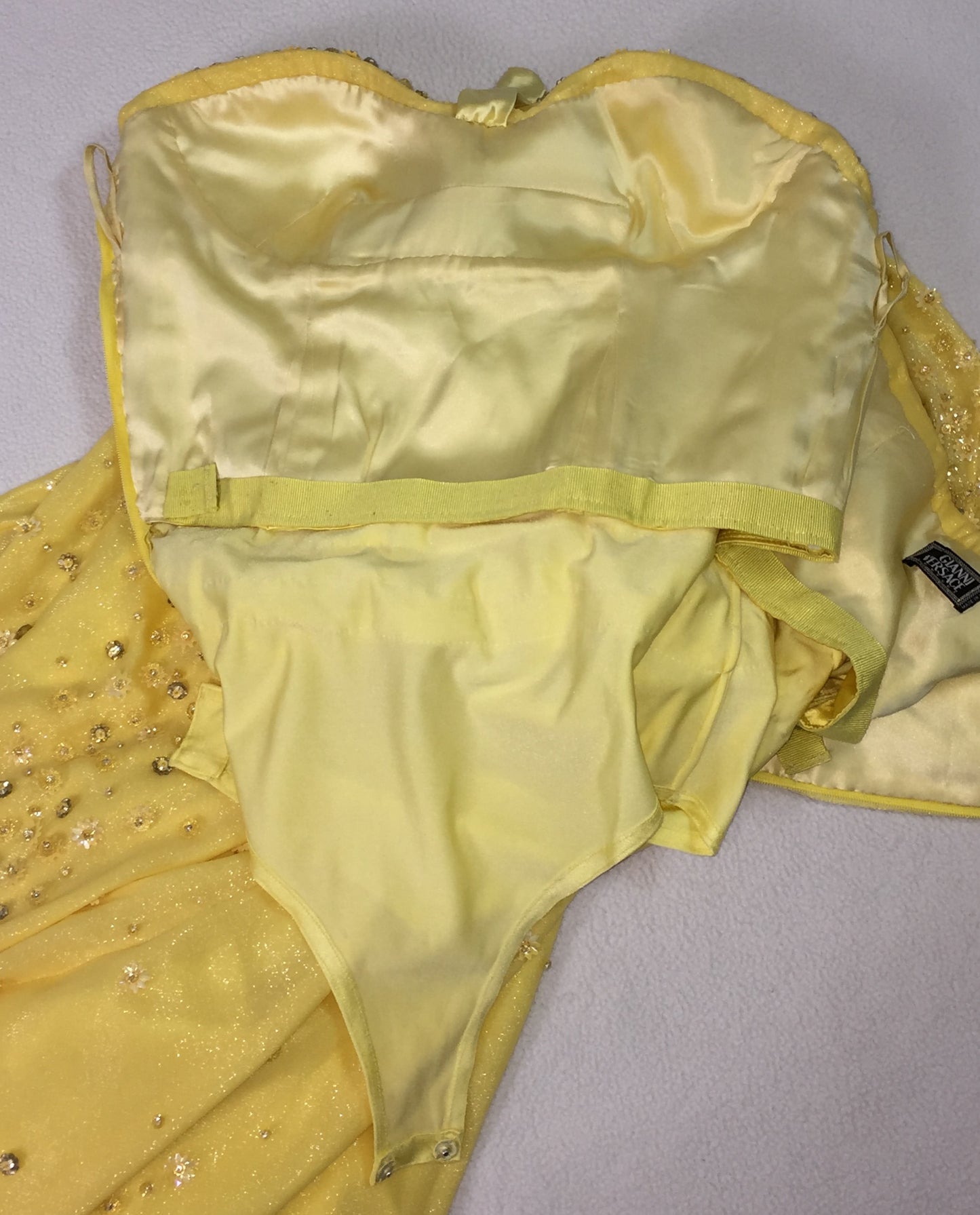 F/W 1995 Documented Gianni Versace Runway Yellow Beaded Strapless Embellished Mermaid Gown Dress