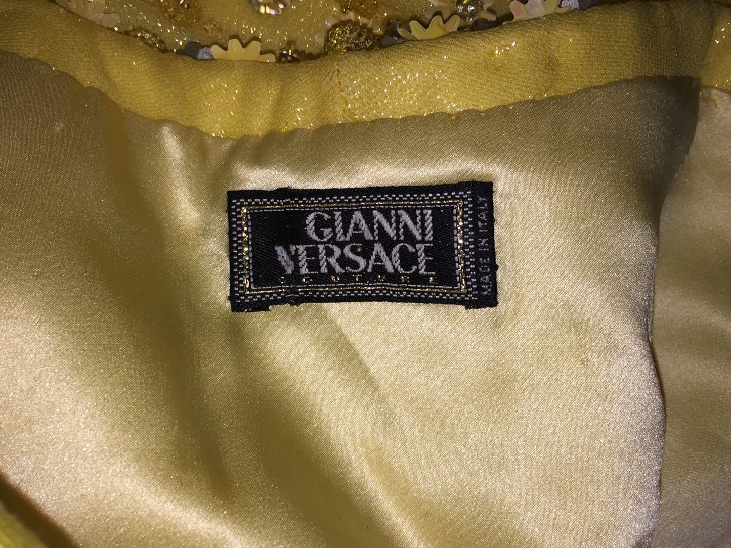 F/W 1995 Documented Gianni Versace Runway Yellow Beaded Strapless Embellished Mermaid Gown Dress