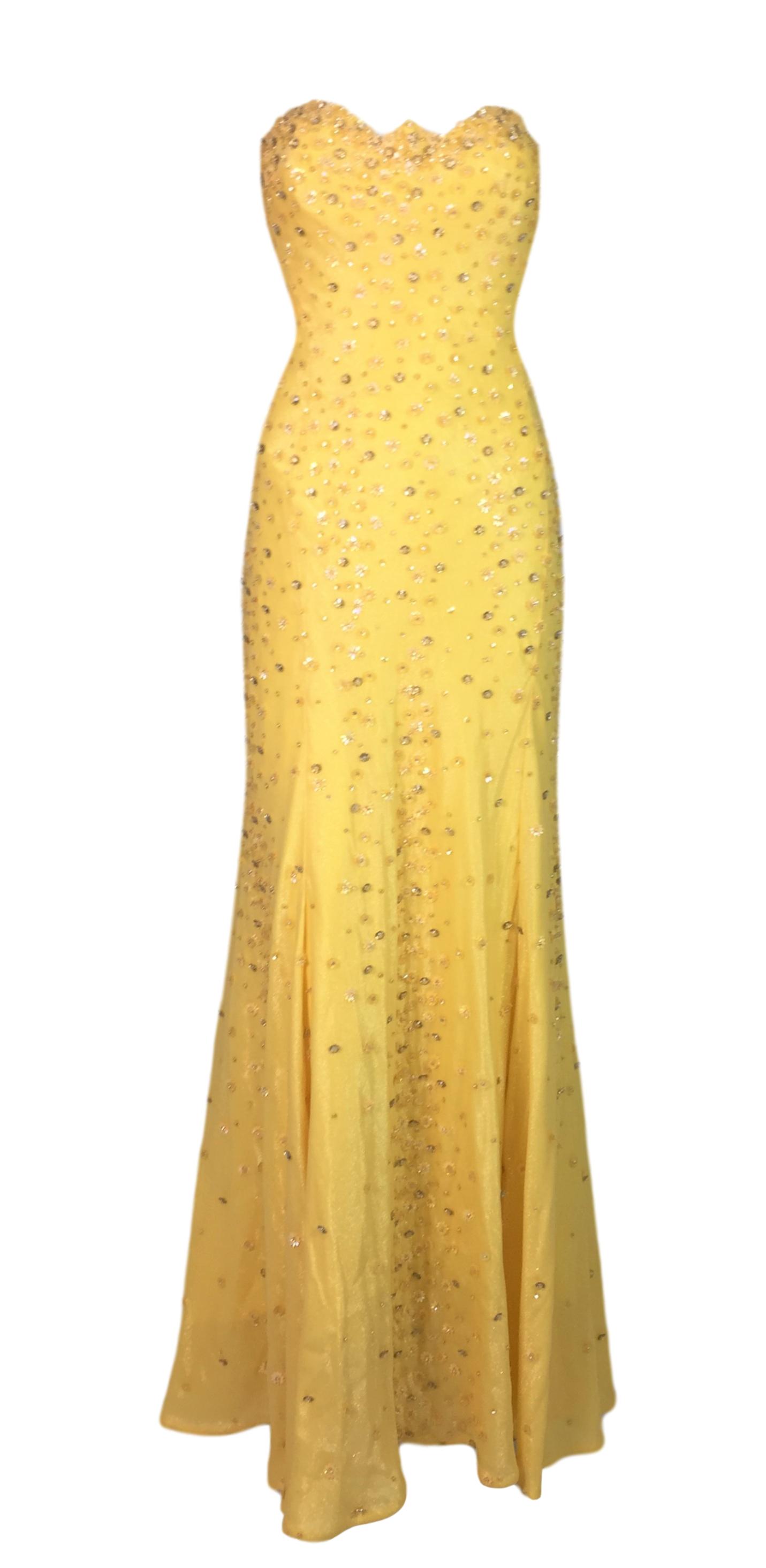 F/W 1995 Documented Gianni Versace Runway Yellow Beaded Strapless Embellished Mermaid Gown Dress