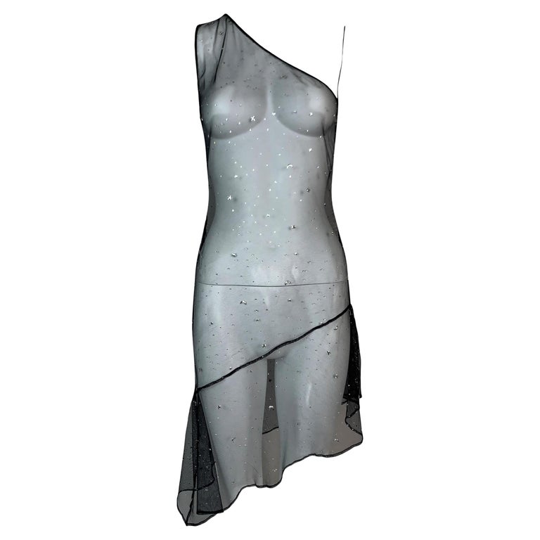 S/S 1995 Dolce & Gabbana Runway Sheer Black Mesh Embellished Mini Dress