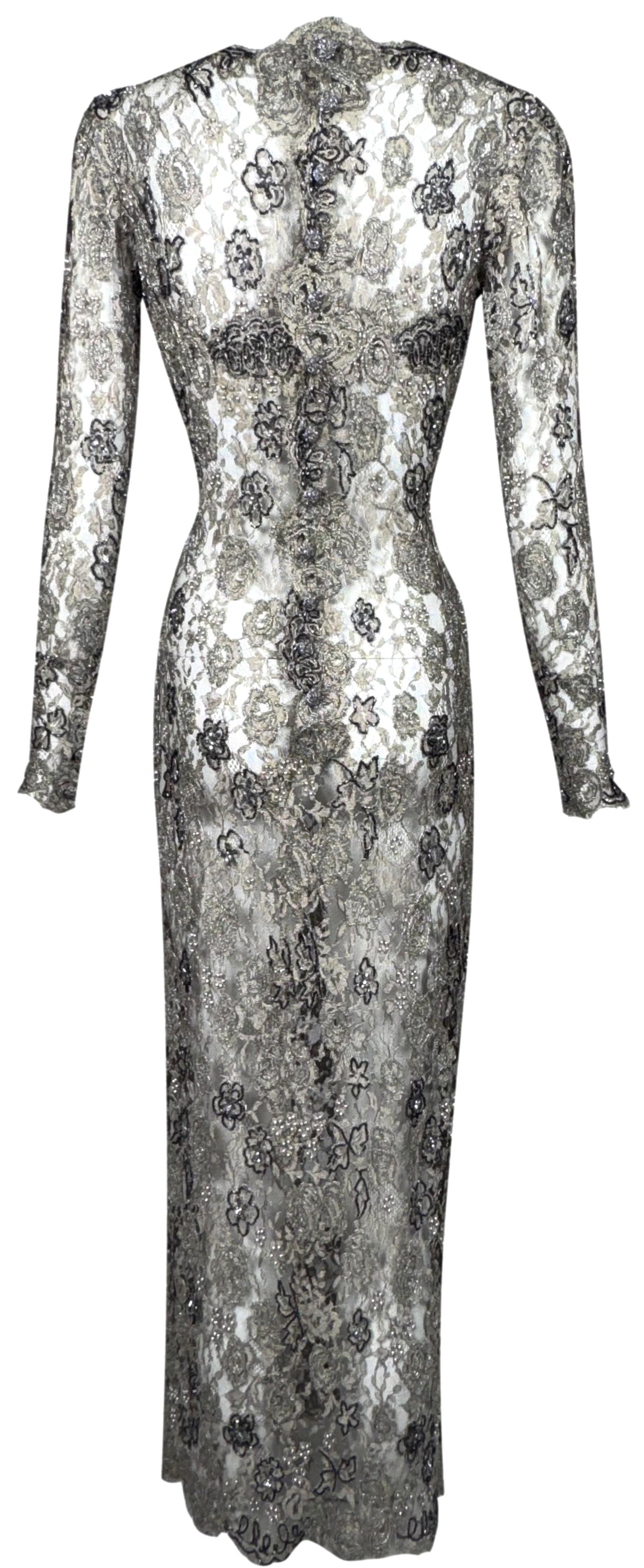 F/W 1996 Emanuel Ungaro Haute Couture Runway Sheer Silver Lace Beaded L/S Column Maxi Dress