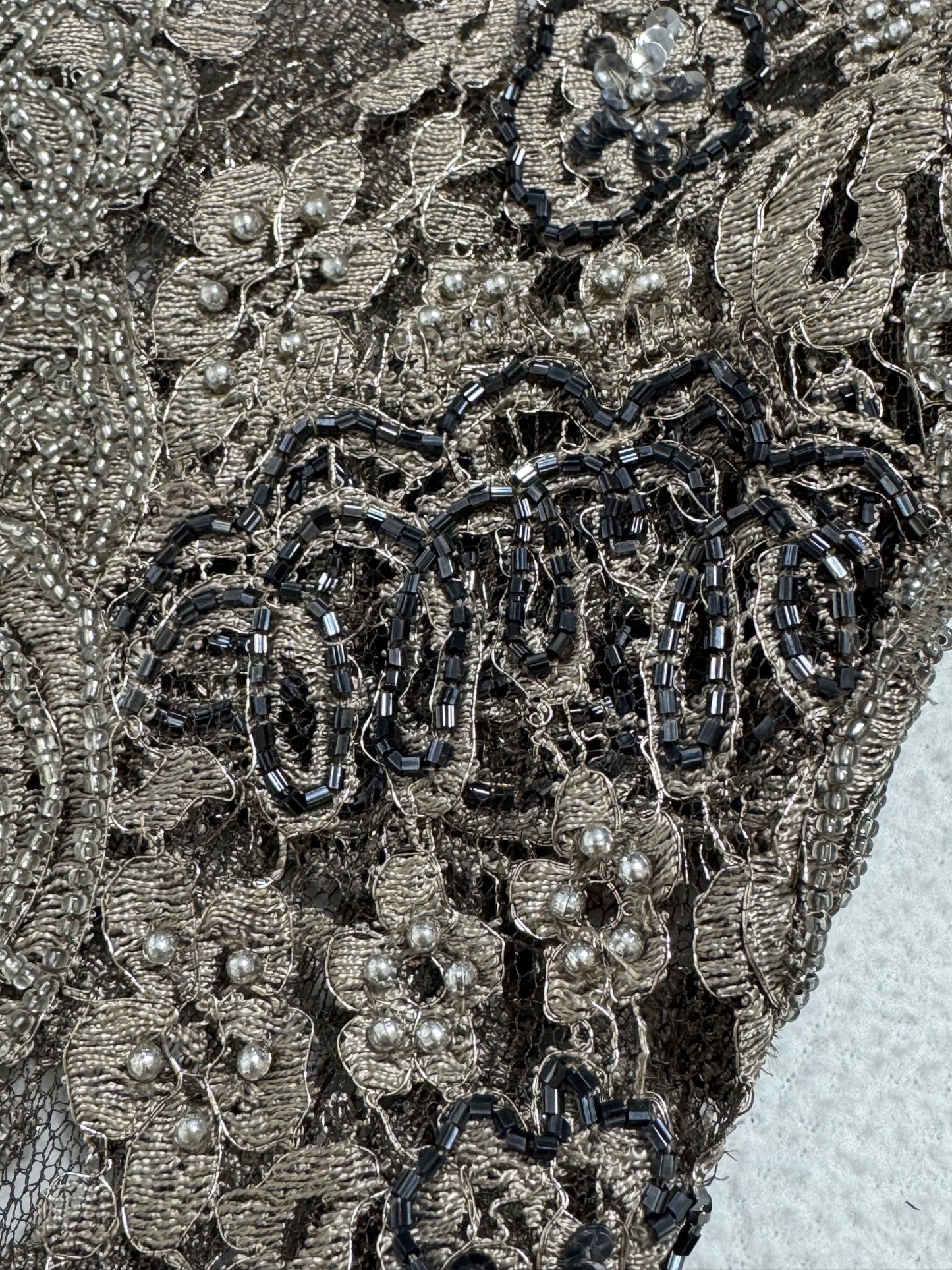 F/W 1996 Emanuel Ungaro Haute Couture Runway Sheer Silver Lace Beaded L/S Column Maxi Dress