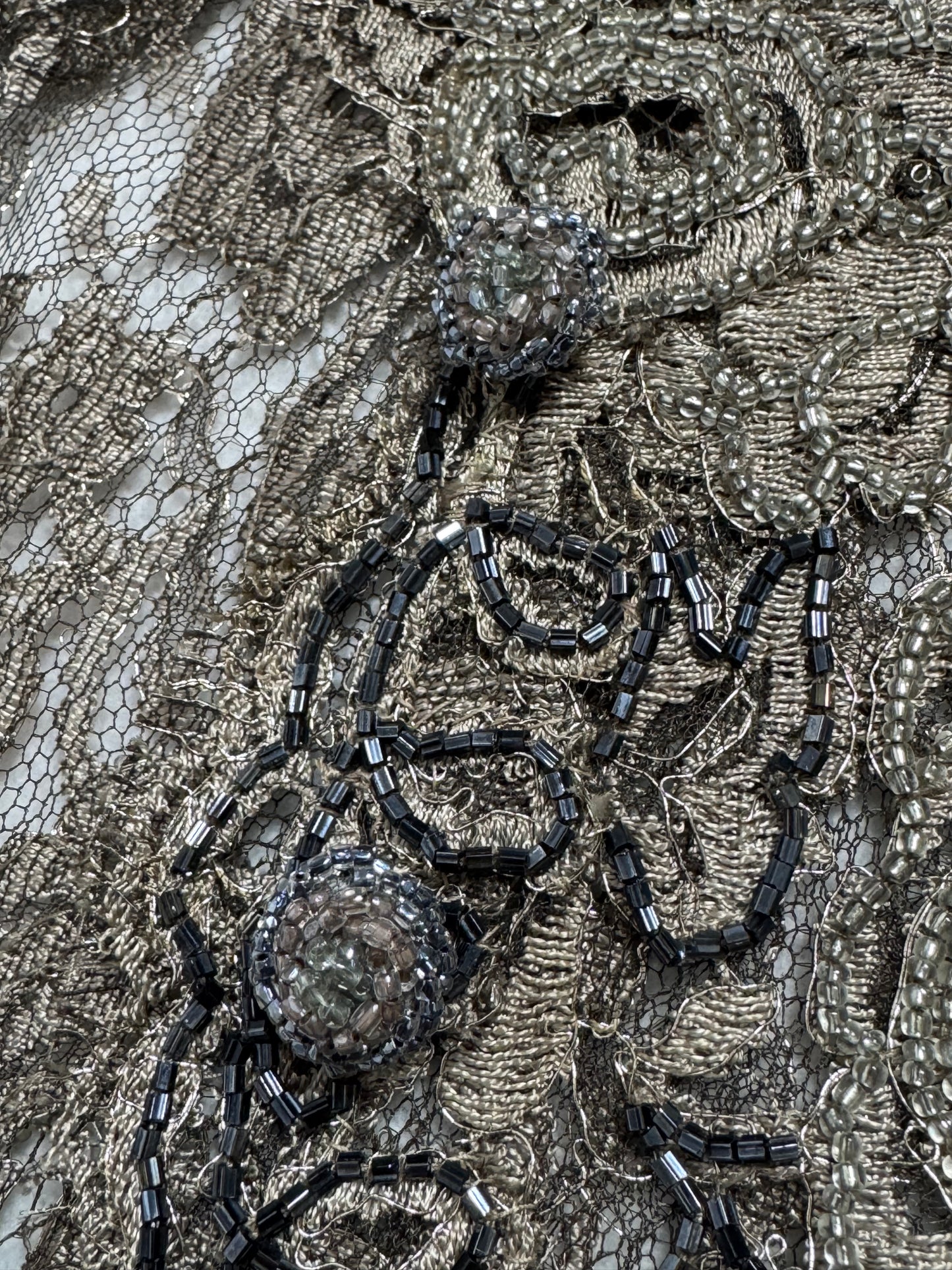 F/W 1996 Emanuel Ungaro Haute Couture Runway Sheer Silver Lace Beaded L/S Column Maxi Dress