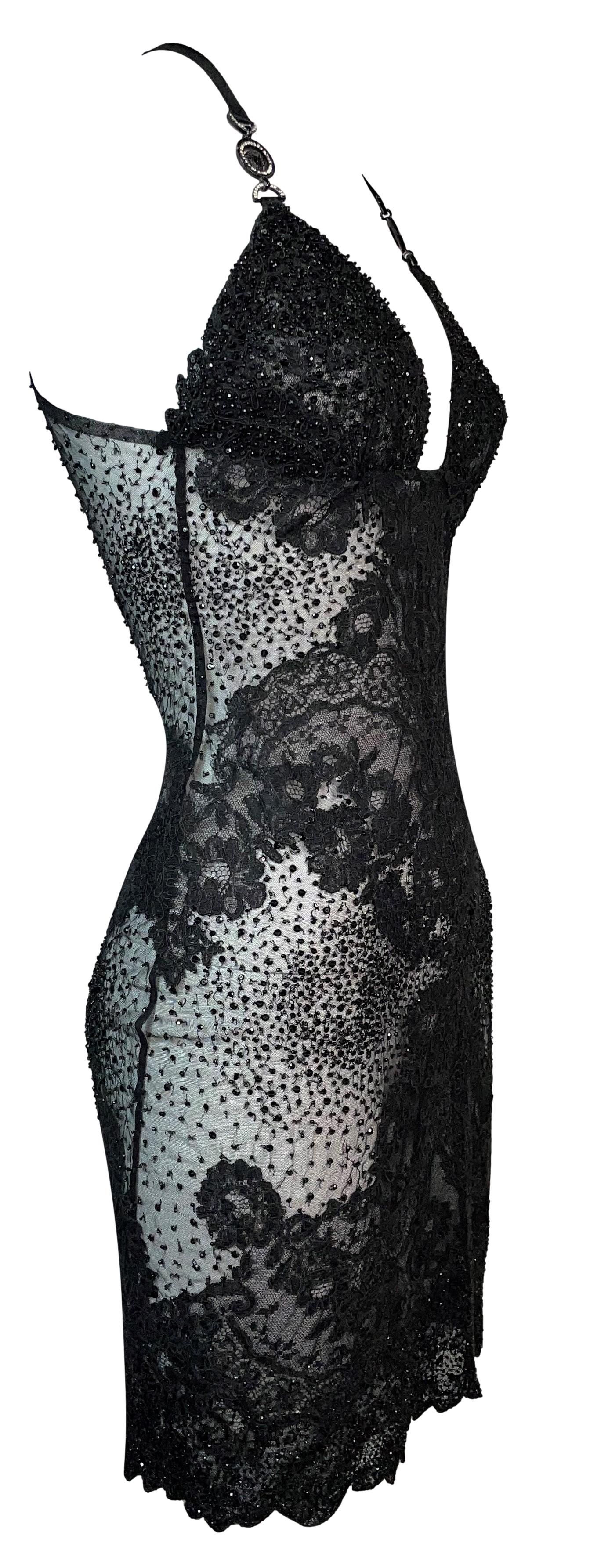 F/W 1996 Gianni Versace Sheer Black Silk Mesh & Lace Beaded Mini Dress