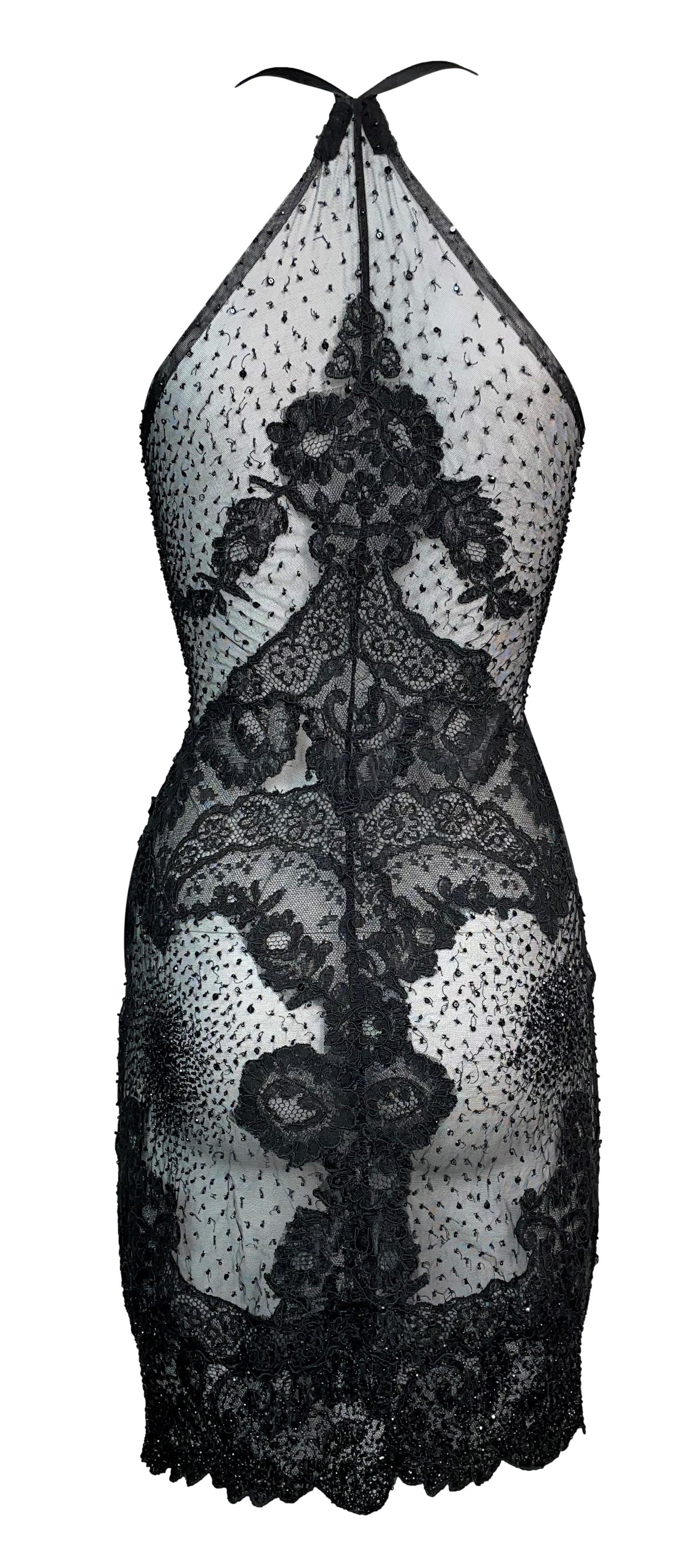 F/W 1996 Gianni Versace Sheer Black Silk Mesh & Lace Beaded Mini Dress