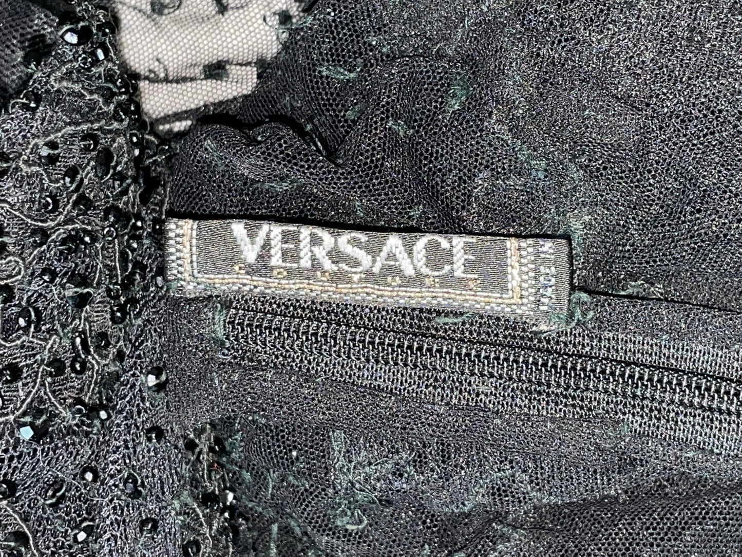 F/W 1996 Gianni Versace Sheer Black Silk Mesh & Lace Beaded Mini Dress