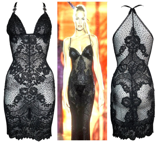 F/W 1996 Gianni Versace Sheer Black Silk Mesh & Lace Beaded Mini Dress