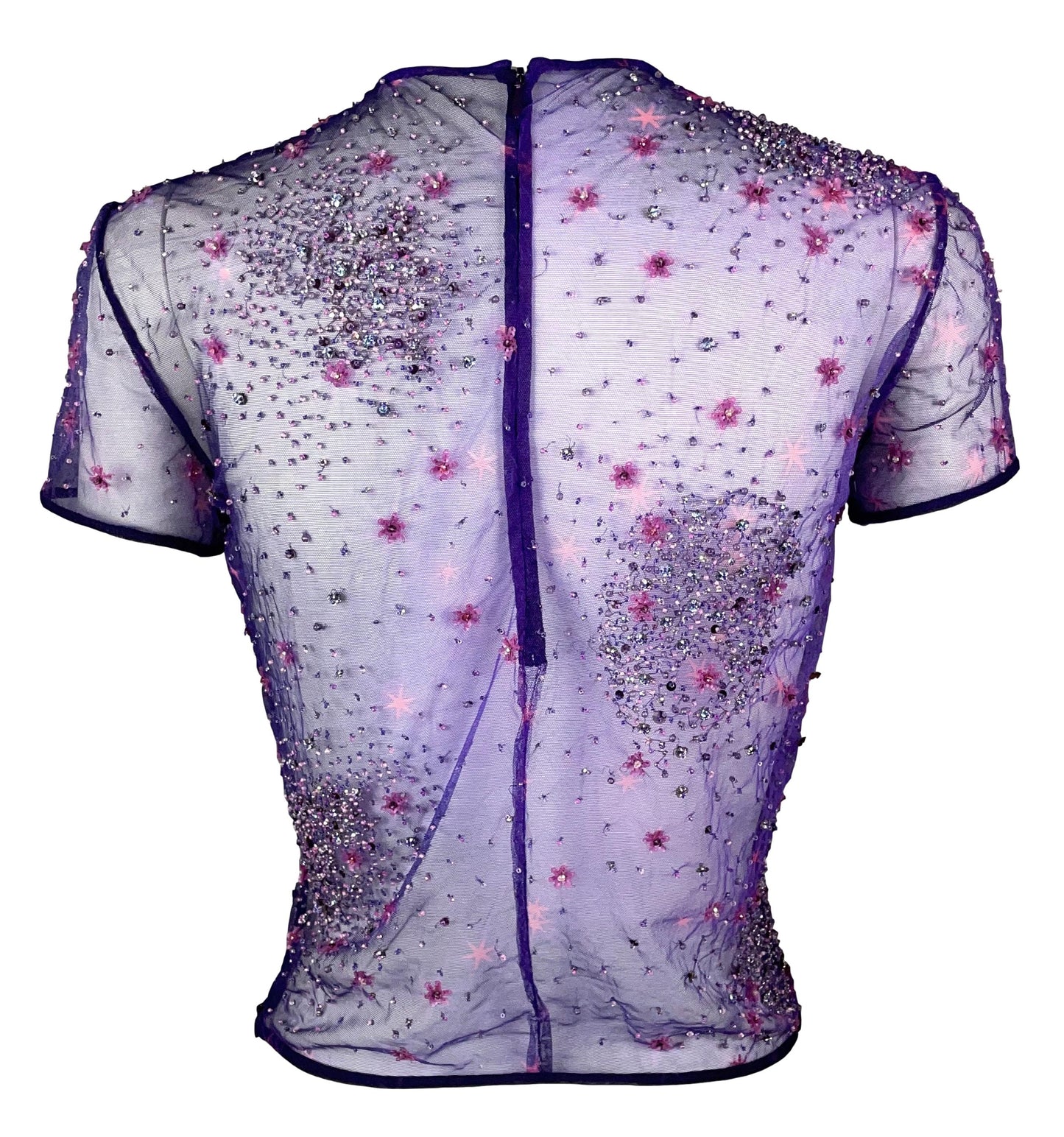 S/S 1996 Atelier Versace by Gianni Sheer Purple Mesh Embellished Top