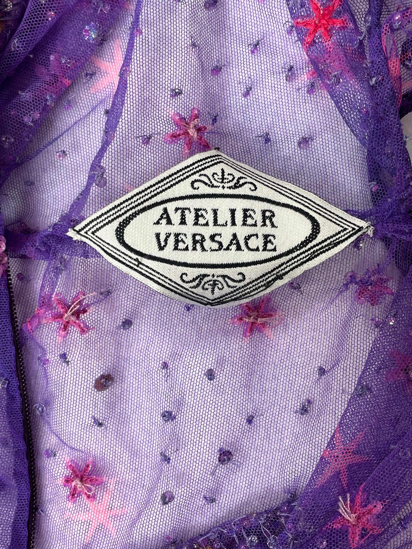 S/S 1996 Atelier Versace by Gianni Sheer Purple Mesh Embellished Top