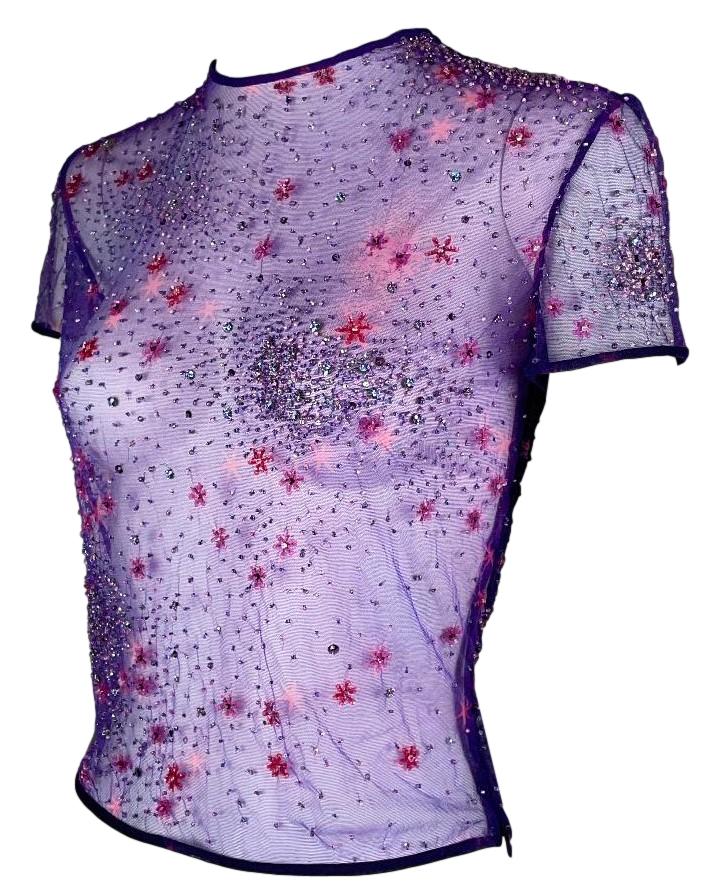 S/S 1996 Atelier Versace by Gianni Sheer Purple Mesh Embellished Top