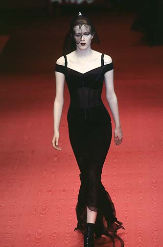 F/W 1997 Dolce & Gabbana Runway Sheer Black Off Shoulder Feather Gown Dress