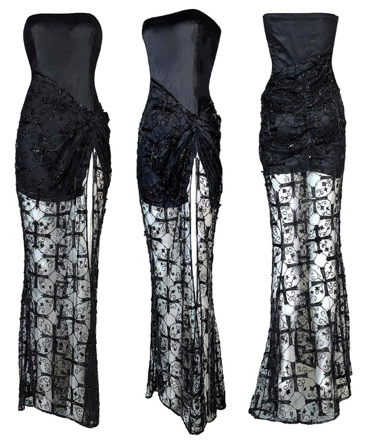 F/W 1997 Atelier Versace Haute Couture by Gianni Sheer Black Mesh Strapless High Slit Cross Crucifix Beaded Gown Maxi Dress