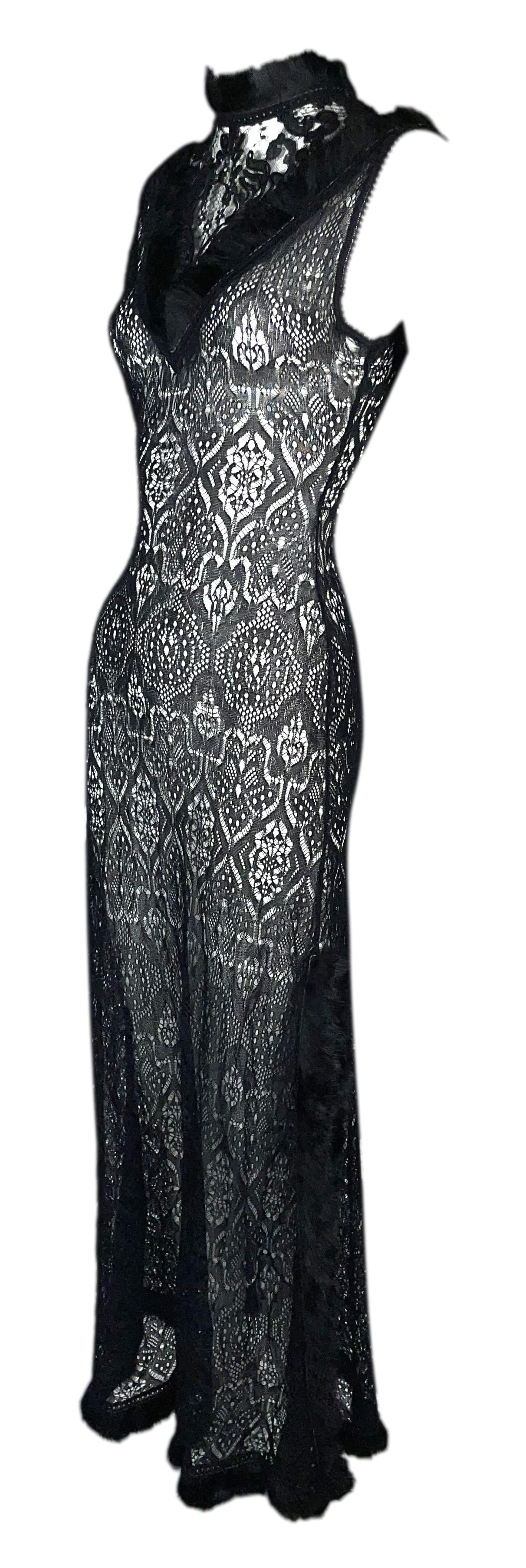 1990's Christian Dior by John Galliano Sheer Black Knit & Lace High Slit Fur Trim Maxi Dress