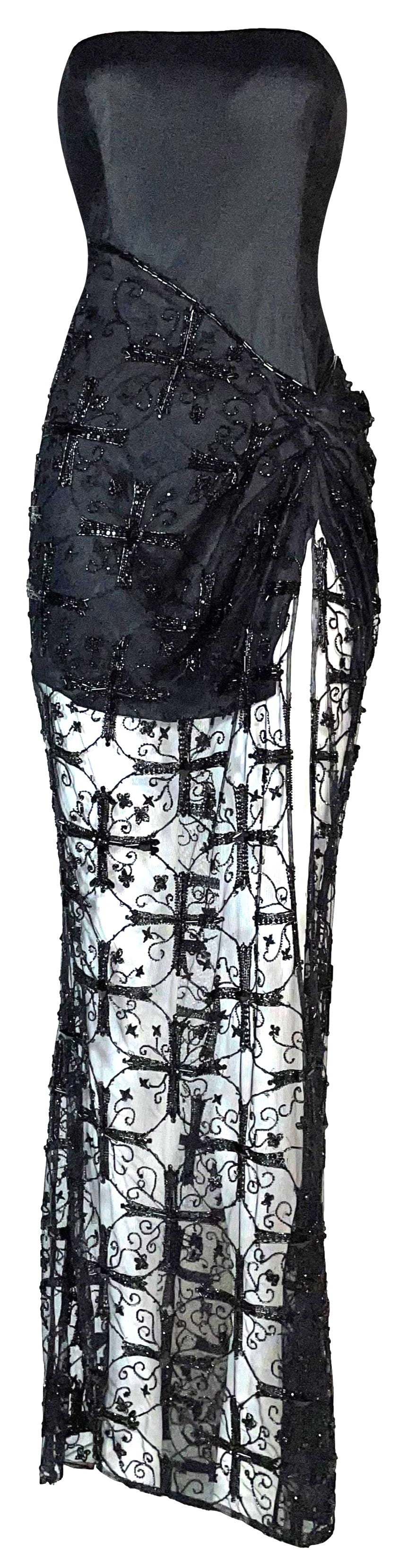 F/W 1997 Atelier Versace Haute Couture by Gianni Sheer Black Mesh Strapless High Slit Cross Crucifix Beaded Gown Maxi Dress