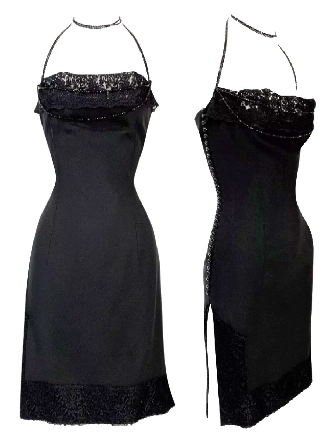 F/W 1997 Christian Dior by John Galliano Black Beaded Choker Lace High Slits Mini Dress