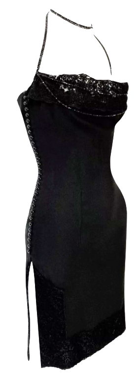 F/W 1997 Christian Dior by John Galliano Black Beaded Choker Lace High Slits Mini Dress