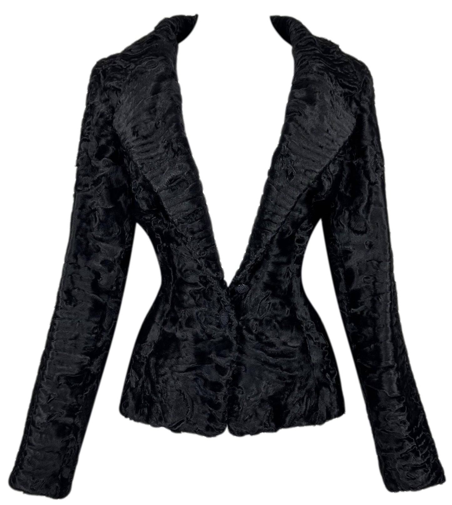 F/W 1997 Christian Dior by John Galliano Runway RARE Black Broadtail Fur Fitted Pin-Up Jacket