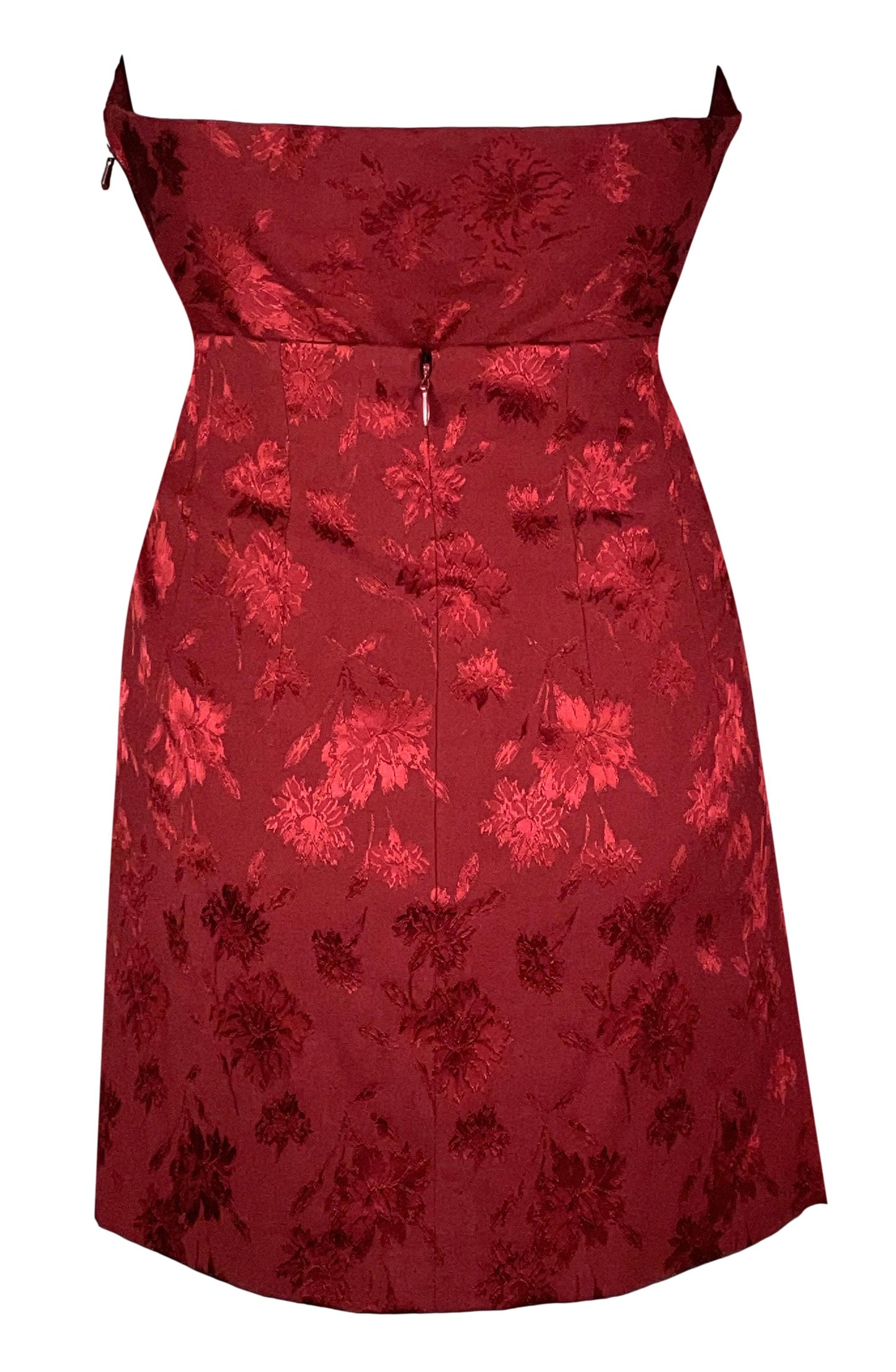 F/W 1997 Christian Dior by John Galliano Runway Red Floral Strapless Bodysuit & Pencil High Slit Chinoiserie Skirt Set