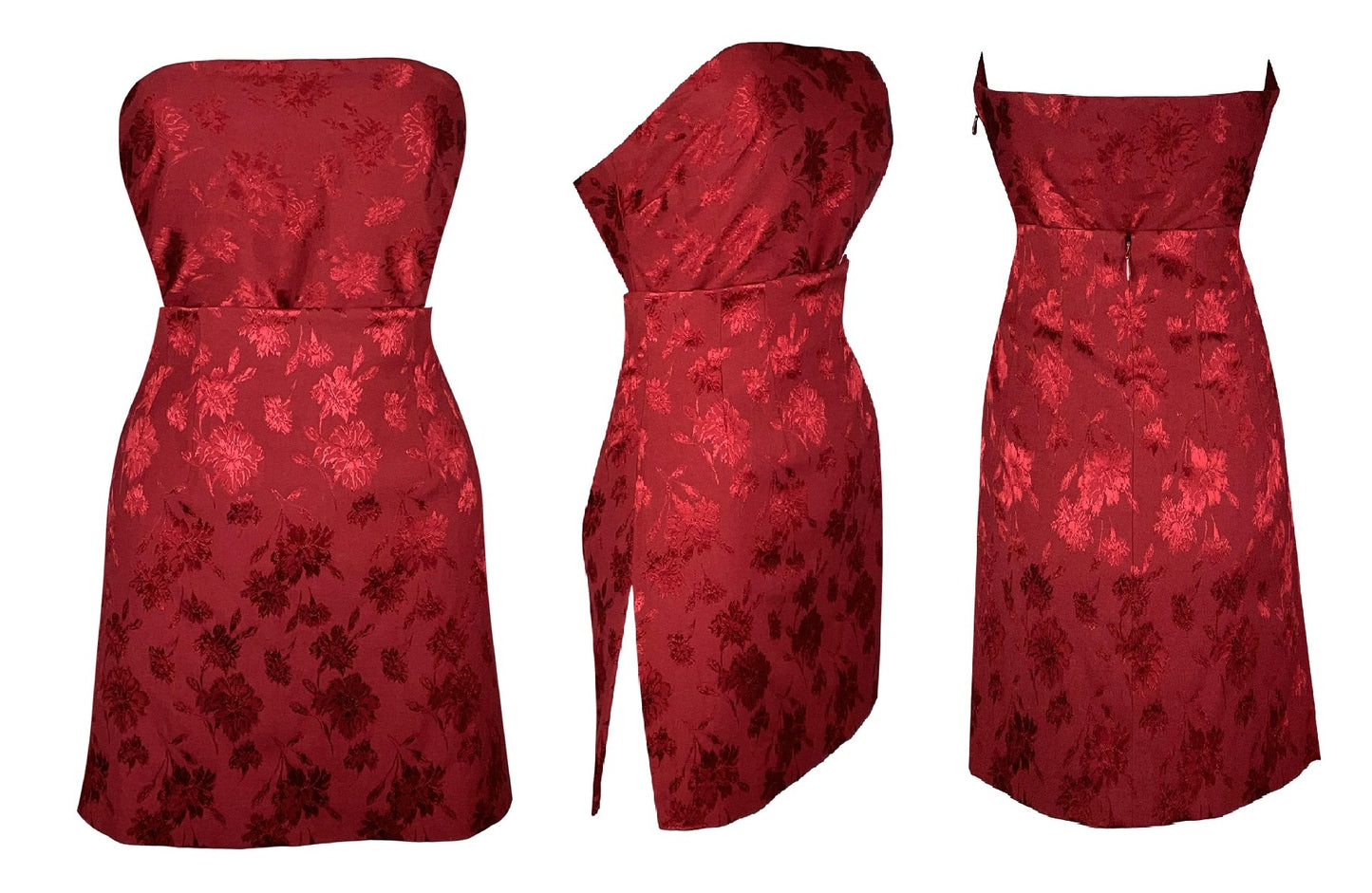 F/W 1997 Christian Dior by John Galliano Runway Red Floral Strapless Bodysuit & Pencil High Slit Chinoiserie Skirt Set