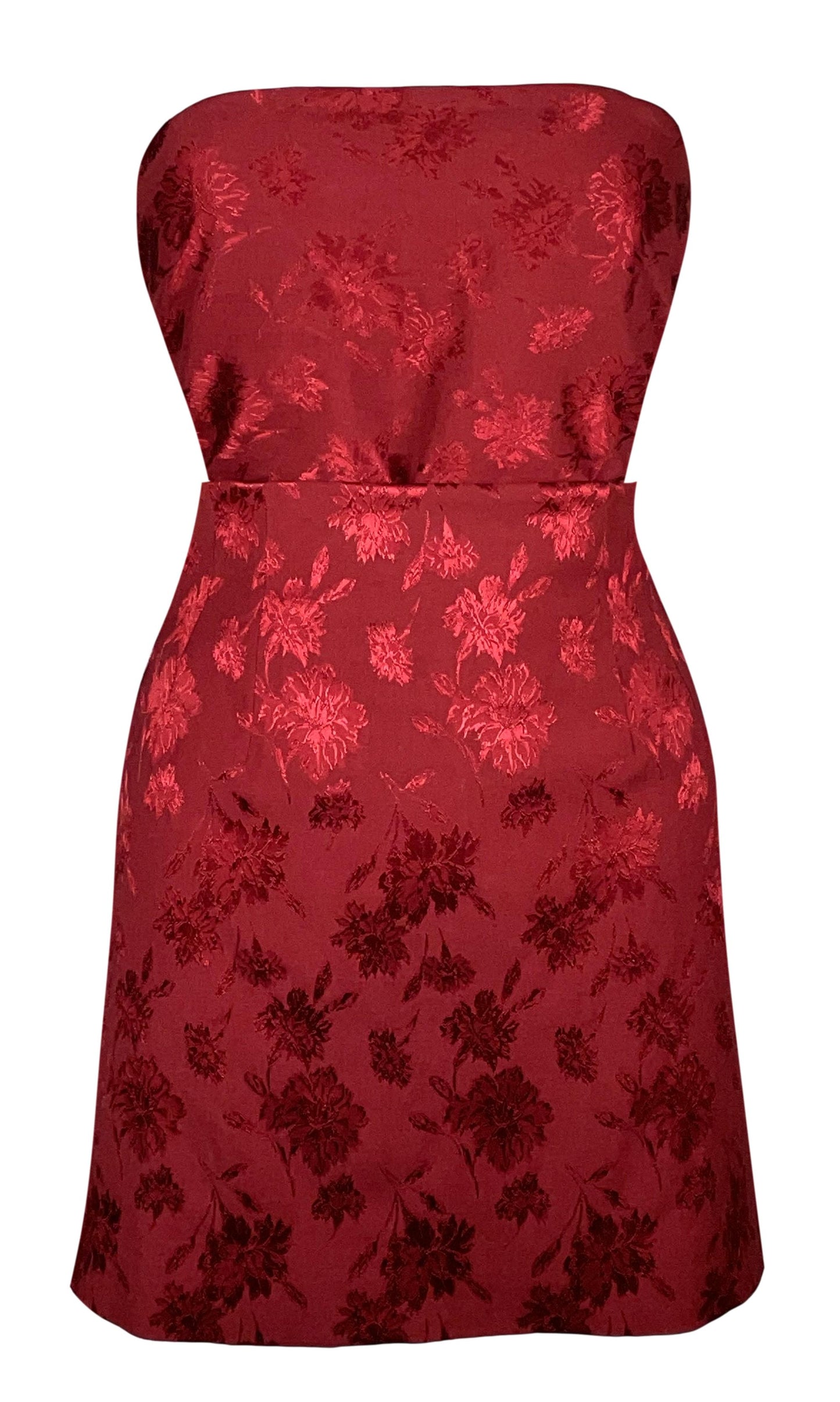 F/W 1997 Christian Dior by John Galliano Runway Red Floral Strapless Bodysuit & Pencil High Slit Chinoiserie Skirt Set
