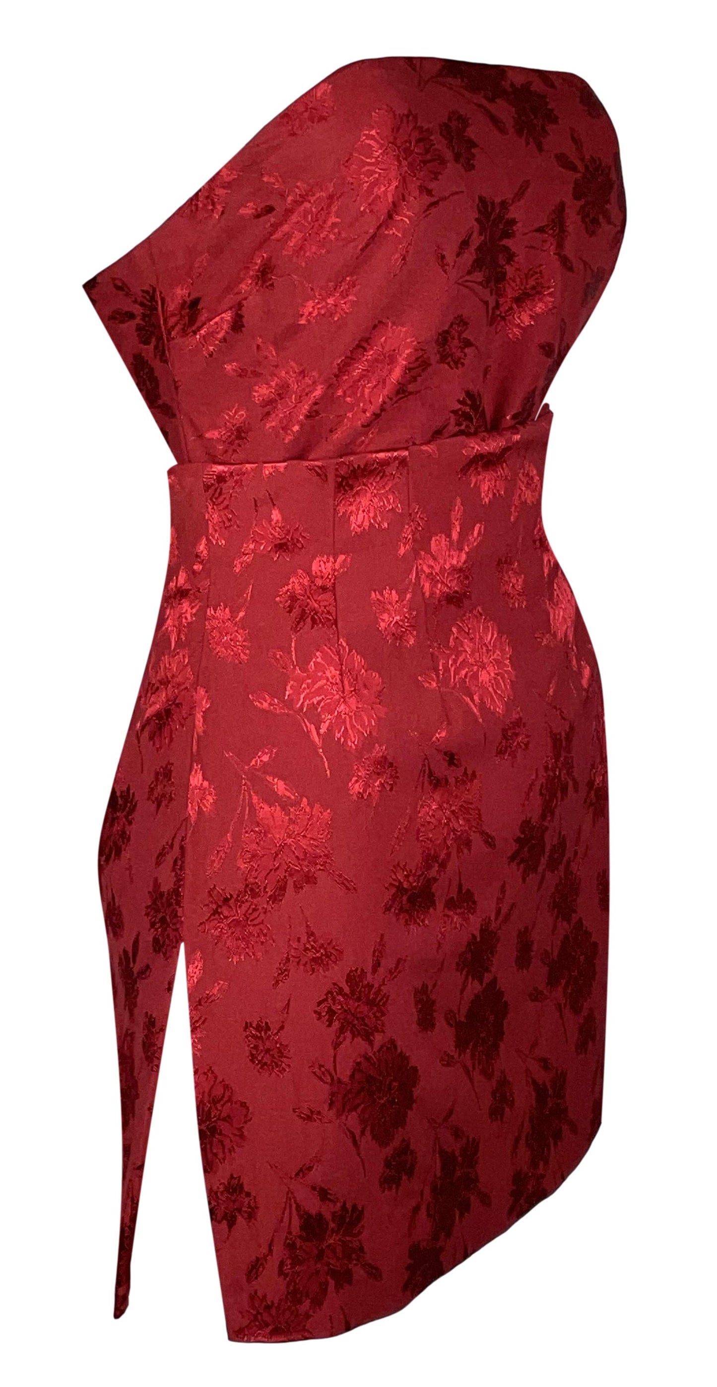F/W 1997 Christian Dior by John Galliano Runway Red Floral Strapless Bodysuit & Pencil High Slit Chinoiserie Skirt Set