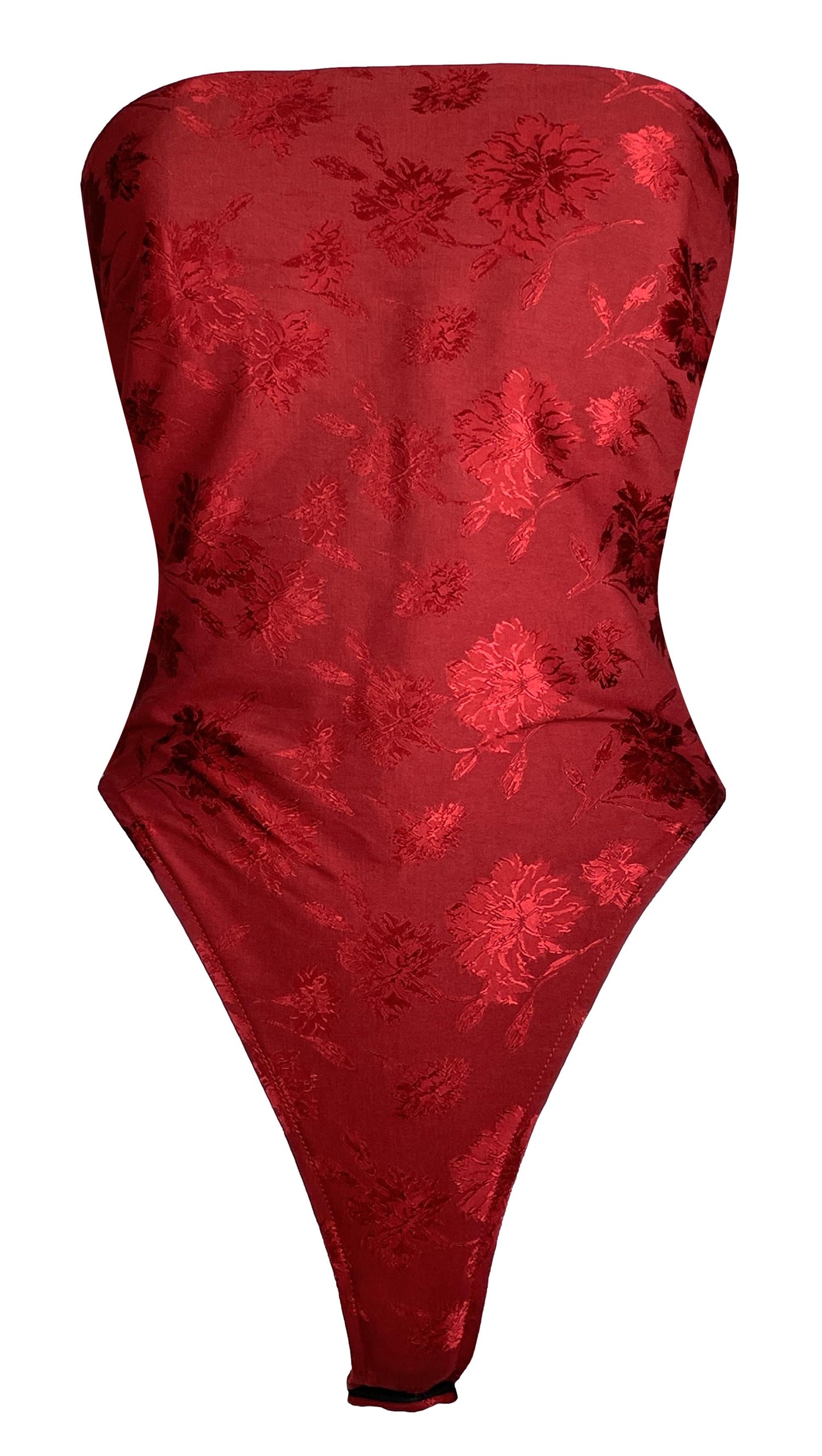Vintage F/W 1997 Christian Dior by John Galliano Runway Red Strapless Chinoiserie Bodysuit Top
