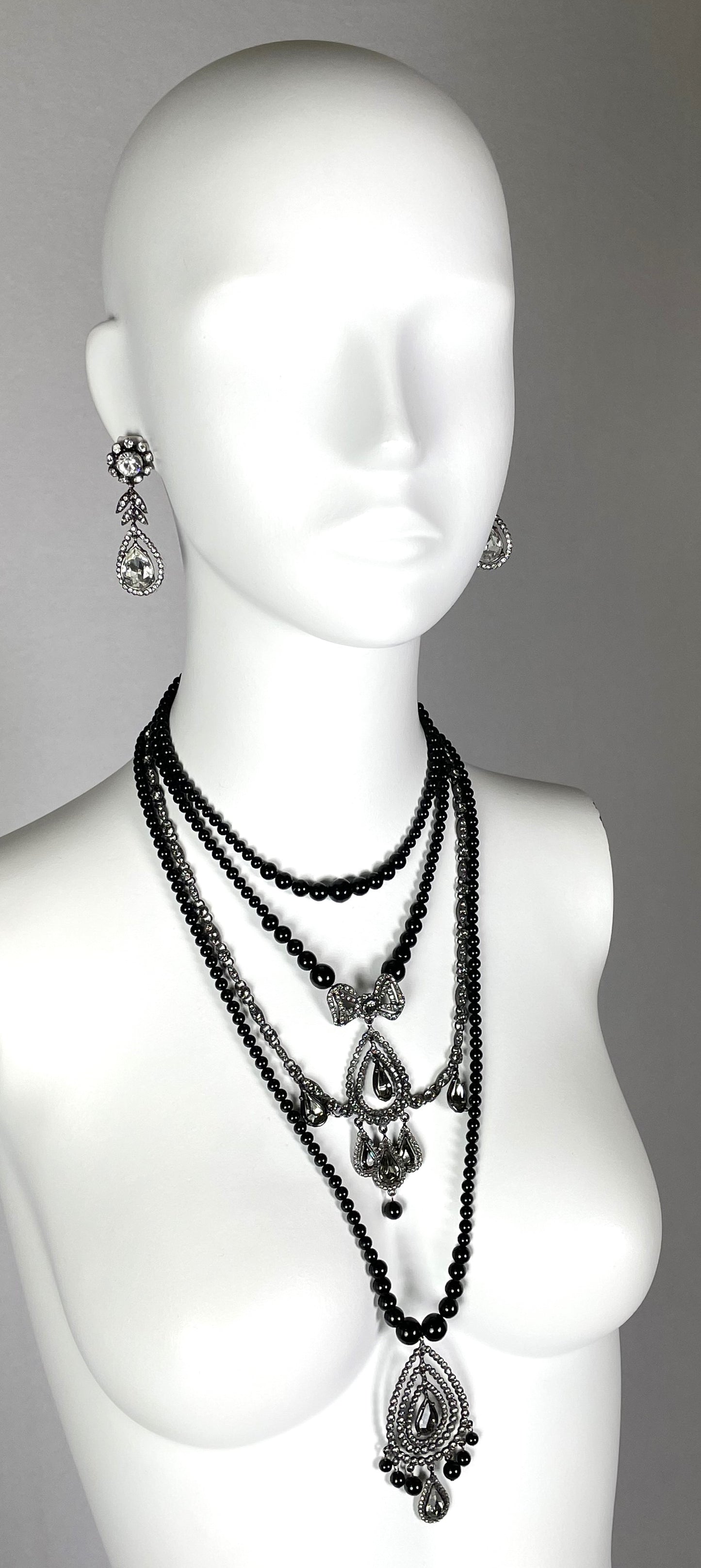 1997 Christian Dior by John Galliano Black Beaded Large Crystal Drop Necklace & Earrings